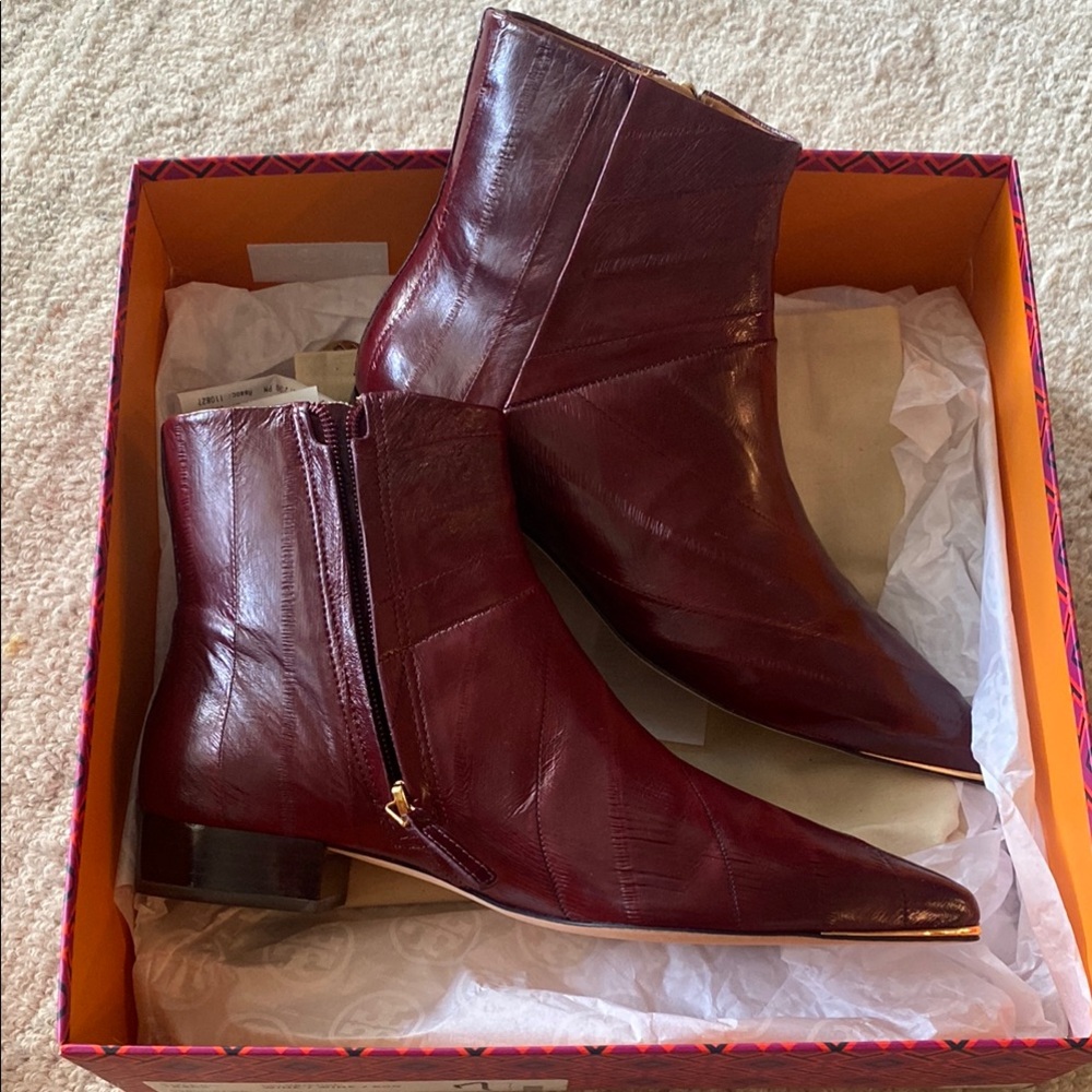 Tory Burch leather booties with gold accent on toe - never been worn